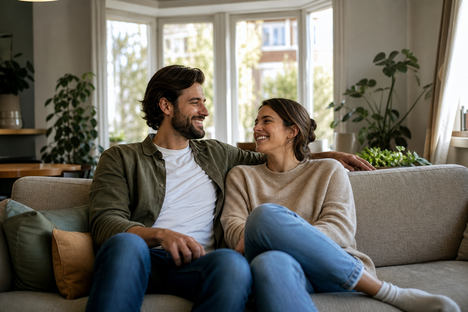 Couple détendu dans son salon après l'achat de son logement